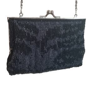 Vintage Beaded Black Evening Bag Shoulder Handbag Convertible to Clutch